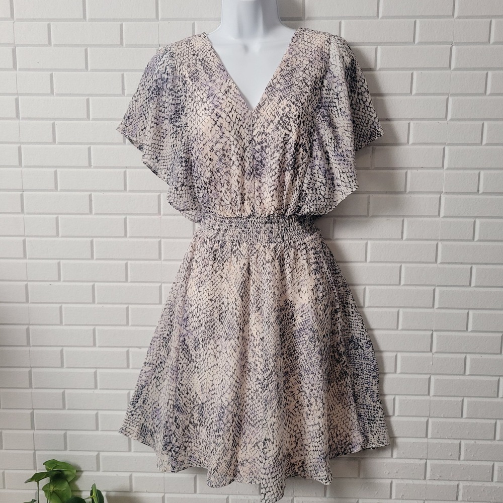 DKNY Flutter Sleeve Dress 8 Navy Pink Snakeskin Print Smocked Waist NWT - Picture 10 of 16